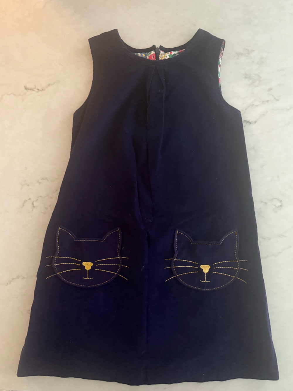 Mini Boden Navy Pinafore Dress with Gold Cat Pockets